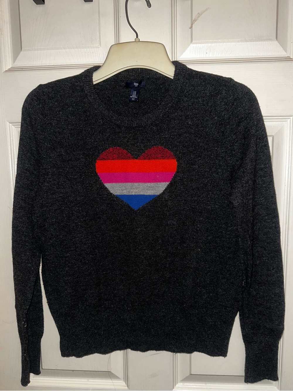 GAP Charcoal Crewneck Sweater with Multicolor Striped Heart